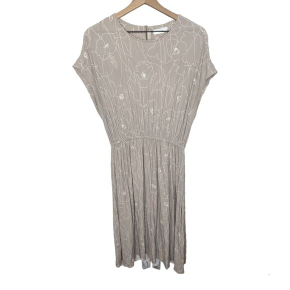 OAK + FORT Women's Retro Floral Midi Dress Short Dolman Sleeve Taupe Large